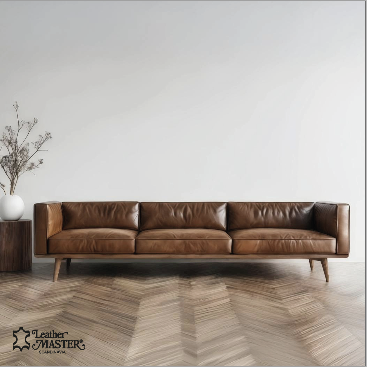 brun soffa i läder mot en vit vägg