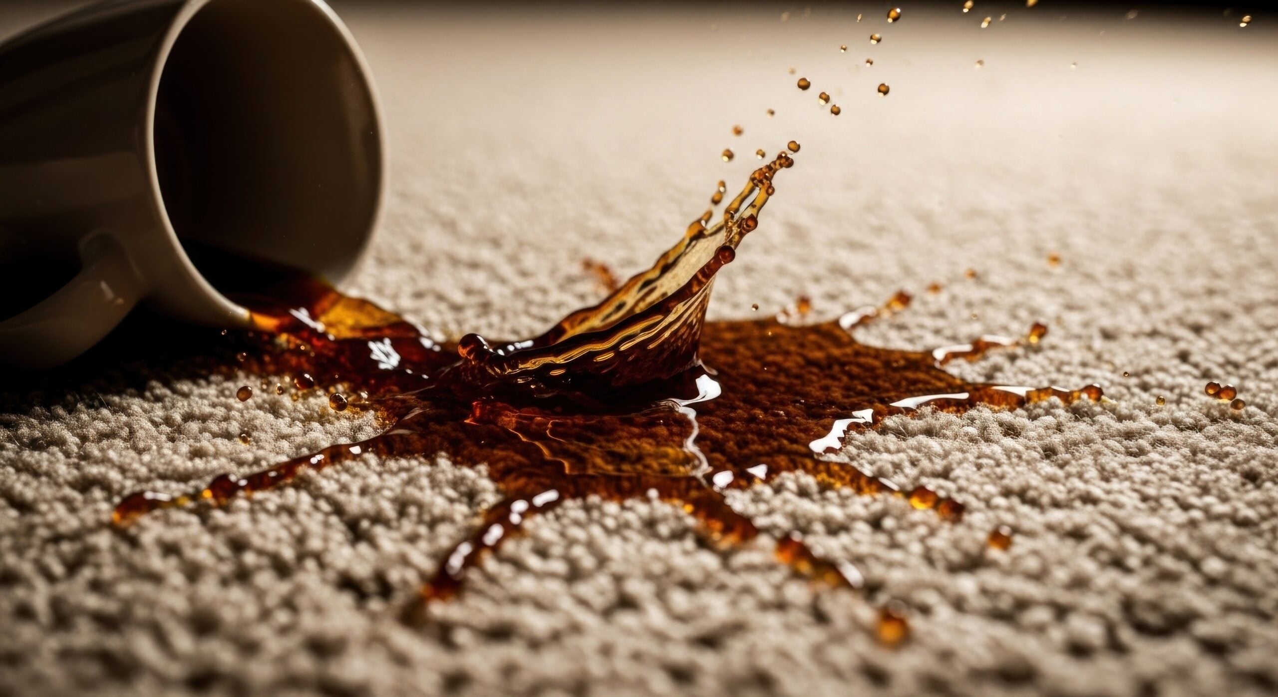 Coffee spill on beige carpet. Splashing liquid